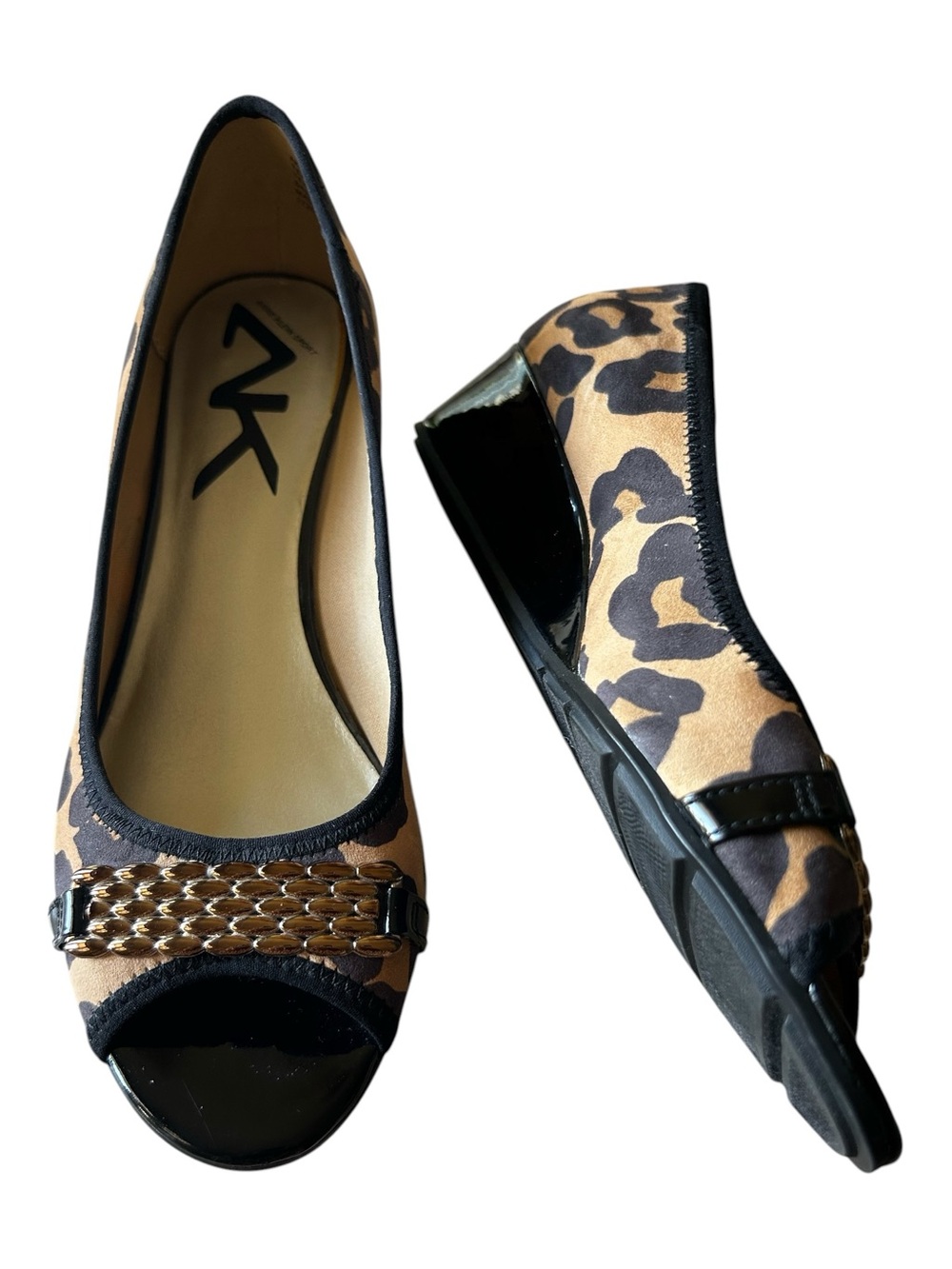Anne Klein Leopard Print Peep-Toe Wedges - Brown & Black NEW